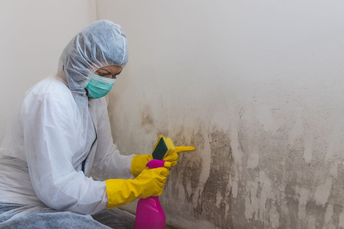 A woman in a white coat and rubber gloves cleans a wall using a spray bottle, focused on her task.