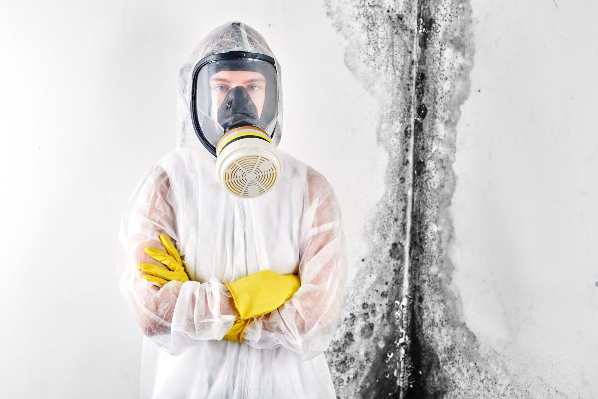 A man in a white suit and yellow gloves stands before a wall covered in mold, highlighting a contrast between attire and environment.